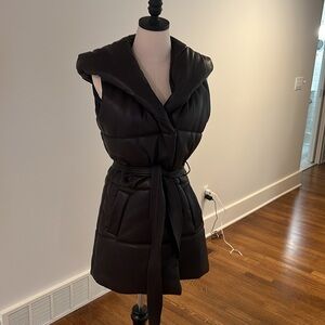 Faux leather puffer vest with hood and belt